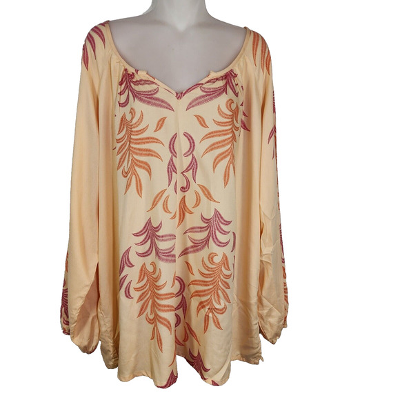 Lascana for Venus Tunic Top XL Orange Pink Long Sleeve V Neck Floral Coverup - Picture 1 of 12